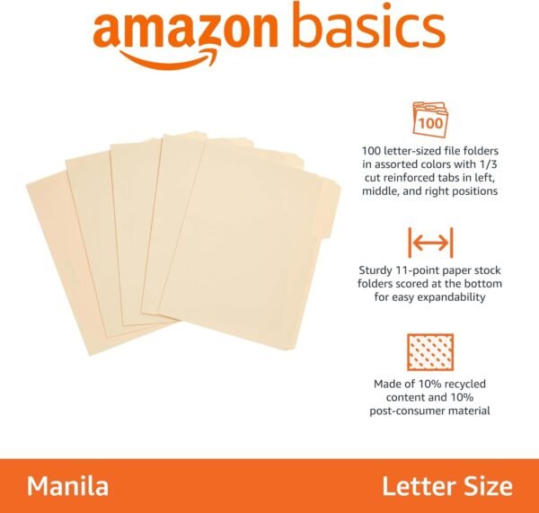 Amazon Basics 1/3-Cut Tab, Assorted Positions File Folders, Letter Size, Manila - Pack of 100 - Image 2