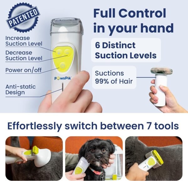 Professional Dog Grooming Vacuum Kit, Dogs & Cats, Direct Handheld Control, 7 Grooming Tools, Deshedding and Dematting for Grooming, Large 2.2L Dust Bin, UL, HEPA Filter - Image 2