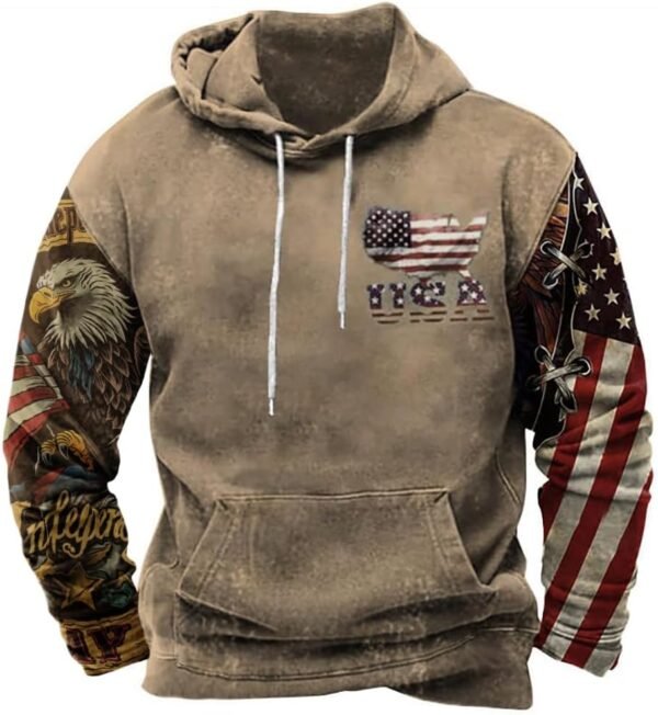 ZOCAVIA American Flag Hoodies for Men USA Graphic Hooded Sweatshirts Drawstring Western Ethnic Boys Pullover Tops