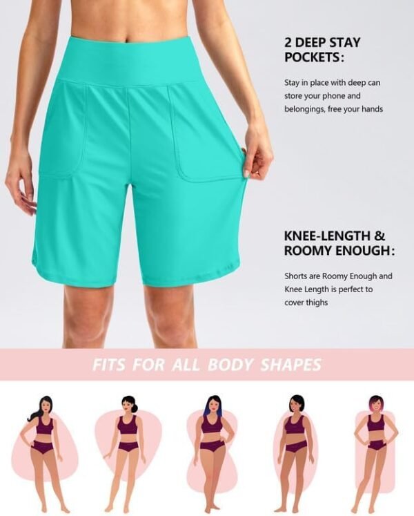 Viodia Women's 9" Long Swim Board Shorts with Pockets High Waisted Beach Swimsuits Knee Length Short for Women with Liner - Image 2
