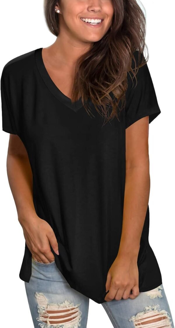 Sipaya Womens T Shirts Basic V Neck Tee Loose Fitting Casual Short Sleeve Tops - Image 2