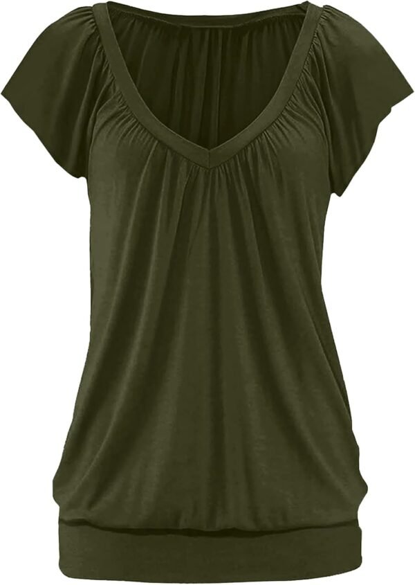 Hongqizo Womens V Neck T Shirts Cap Sleeve Summer Casual Shirts Banded-Bottom Loose Fit Basic Tops - Image 2
