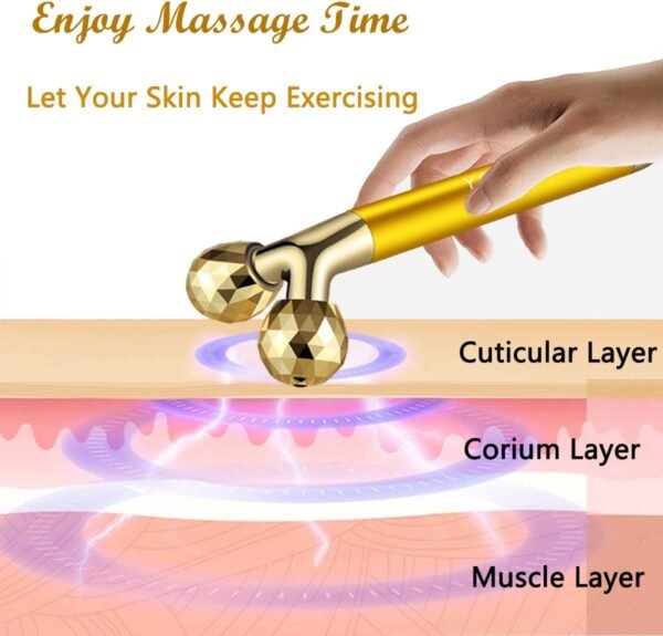 Yeamon 2 in 1 Face Massager Golden Facial Electric 3D Roller and T Shape Arm Eye Nose Massager Skin Care Tool - Image 2