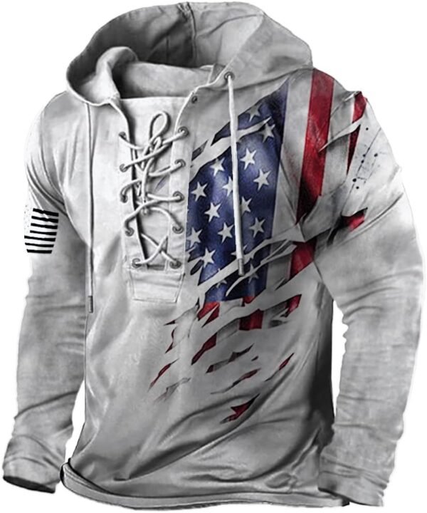 PORCLAY Men's American Flag Hoodie Outdoor Military Tactical Hooded Sweatshirt Graphic Printed Laceup Pullover Shirt