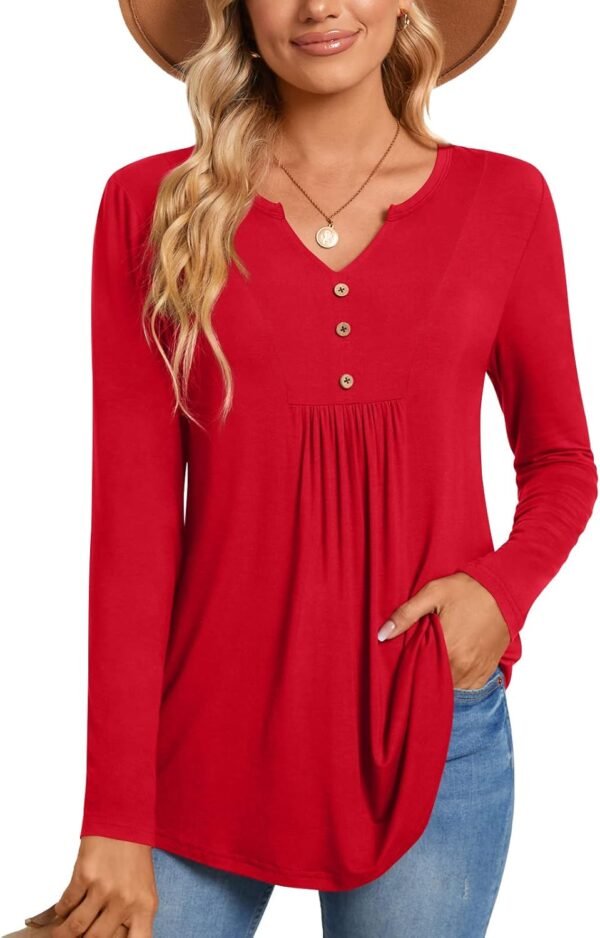 CATHY Womens Long Sleeve Tunic Tops Henley Shirt V-neck Button Down Blouse Casual Pleated Basic Pullover - Image 2