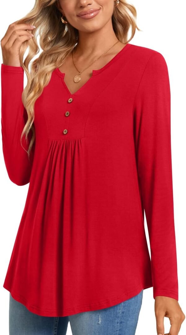 CATHY Womens Long Sleeve Tunic Tops Henley Shirt V-neck Button Down Blouse Casual Pleated Basic Pullover - Image 3