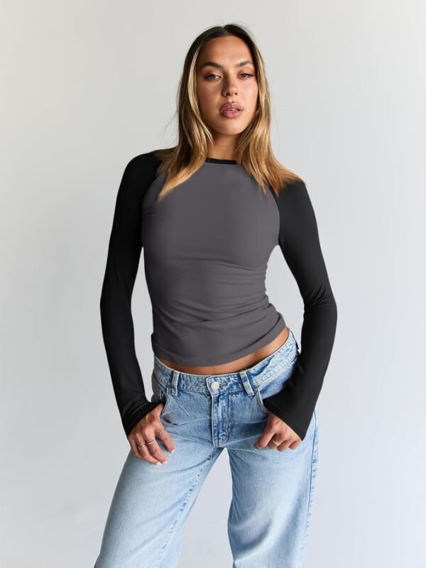 Trendy Queen Women's Long Sleeve Shirts Slim Fit Stretchy Color Block Slightly Cropped Tops - Image 2
