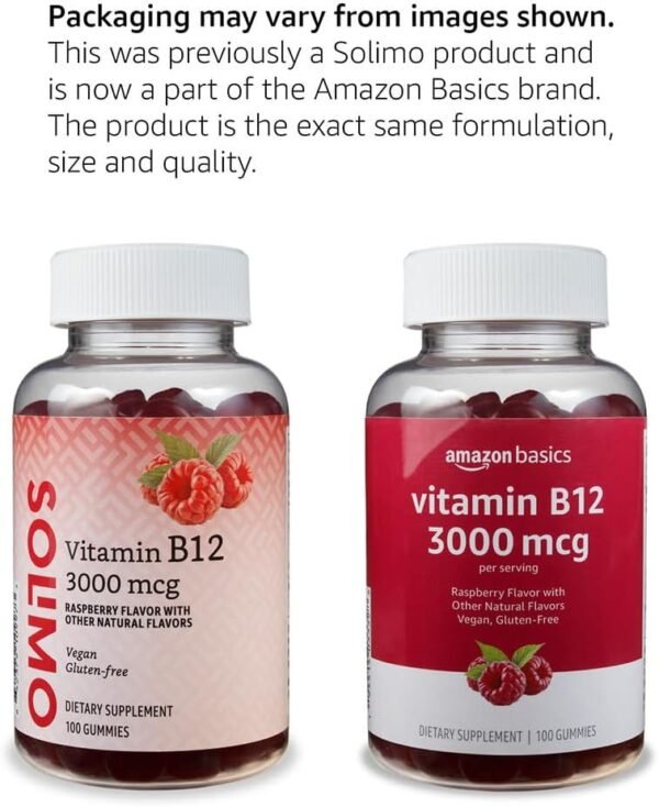 Amazon Basics Vitamin B12 3000 mcg Gummies, Normal Energy Production and Metabolism, Immune System Support, Raspberry, 100 Count (2 per serving) (Previously Solimo) - Image 4