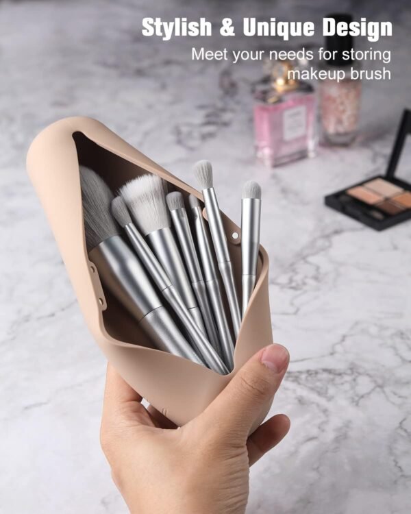 FERYES Travel Makeup Brush Holder, Magnetic Anti-fall Out Silicon Portable Cosmetic Face Brushes Holder, Soft and Sleek Makeup Tools Organizer for Travel-Khaki - Image 3
