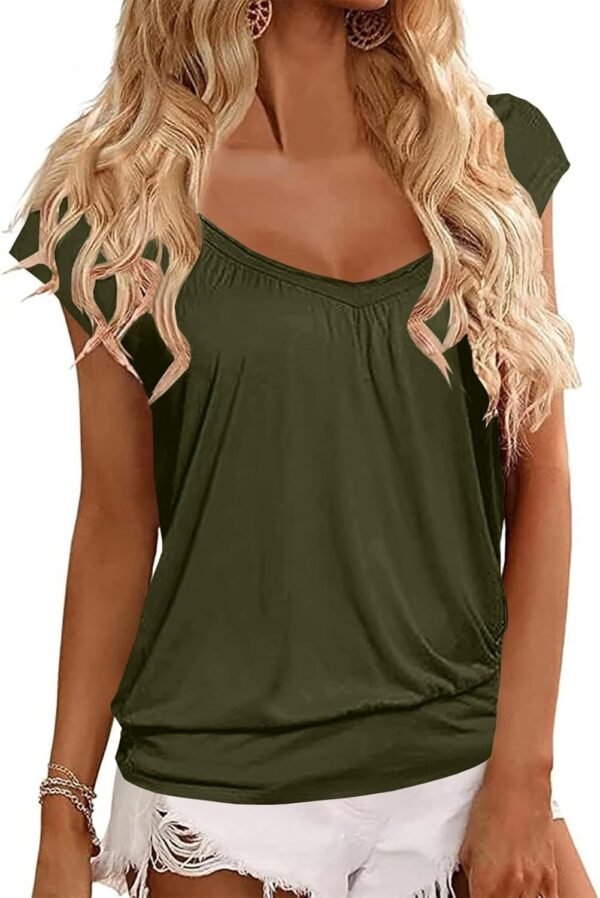 Hongqizo Womens V Neck T Shirts Cap Sleeve Summer Casual Shirts Banded-Bottom Loose Fit Basic Tops