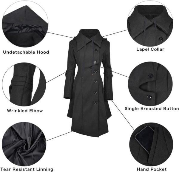 QZUnique Long Trench Pea Coat for Women - Wool Winter Trench Coat Goth Lapel Peacoat Outwear Thick Hood Pea Jacket Trenchcoat - Image 5
