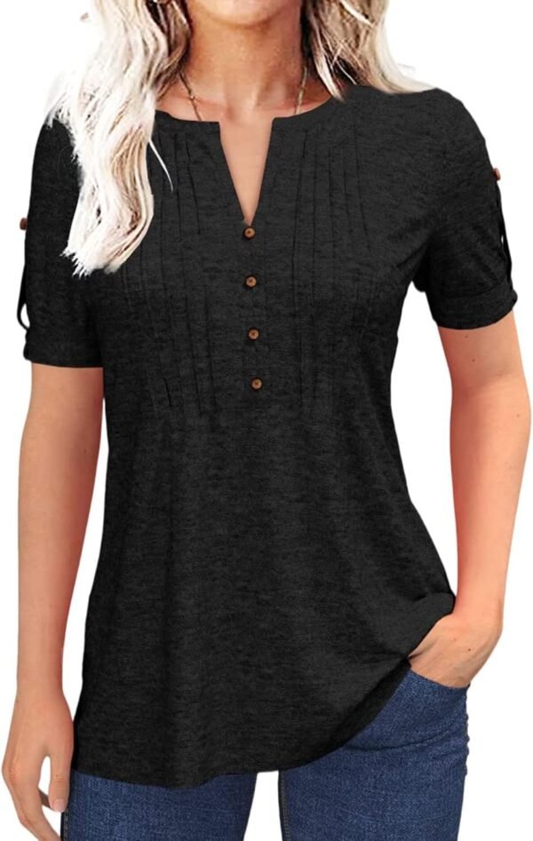 Women's Zipper Summer Pleated Button Short Sleeve T-Shirt Summer V-Neck Solid Color Casual top