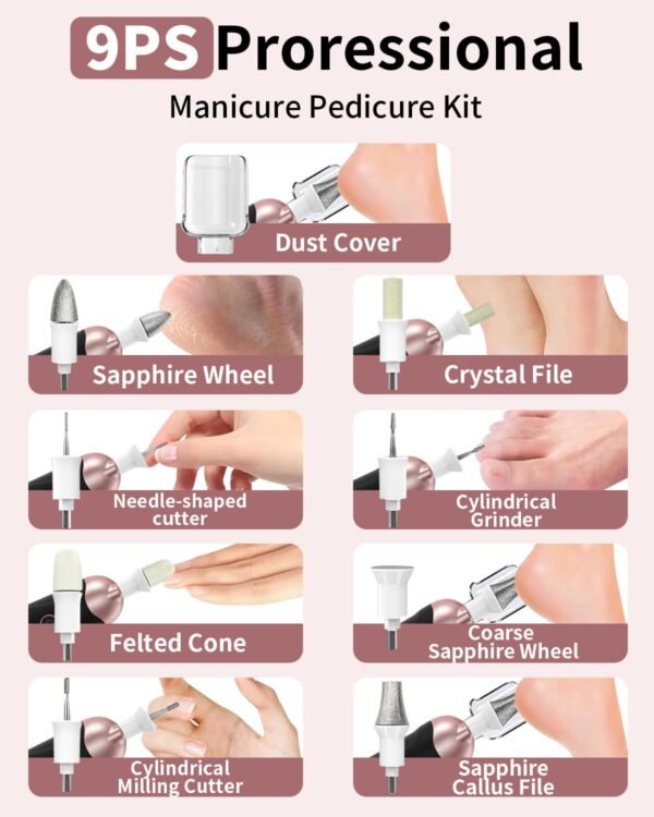 Professional Manicure Pedicure Kit, Cordless Electric Nail File Set, Rechargeable Pedicure Tools for feet, 5 Speeds Hand Foot Care Nail Drill for Thick Nail Toenail Cuticle Women Men Baby Pets - Image 4