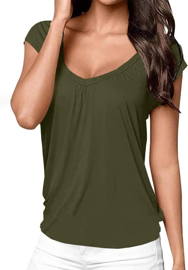 Hongqizo Womens V Neck T Shirts Cap Sleeve Summer Casual Shirts Banded-Bottom Loose Fit Basic Tops - Image 4