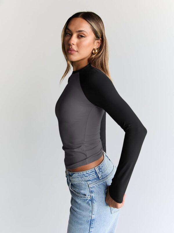 Trendy Queen Women's Long Sleeve Shirts Slim Fit Stretchy Color Block Slightly Cropped Tops - Image 3