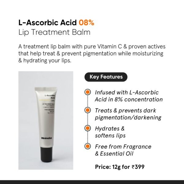 Minimalist Lip Treatment Balm for Lightening Dark Lips, Hydrating & Softening | 8% L-Ascorbic Acid with Vitamin E, Radianskin & Glycerine | For Women & Men | 0.42 Oz / 12 gm - Image 2