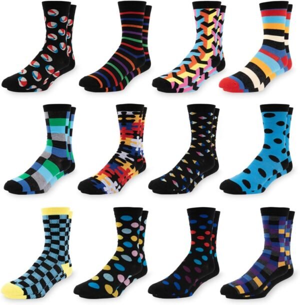 Men's Colorful Dress Socks - Fun Patterned Funky Crew Socks For Men - 12 Pack