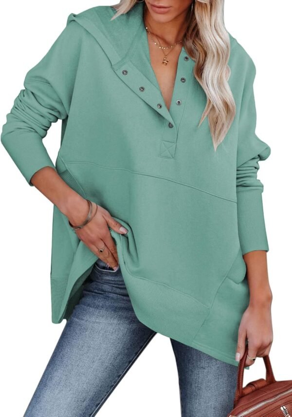 Women Causal Long Sleeve Hoodie Oversied Button Collar V Neck Sweatshirt Trendy Pullover Tops With Pockets Fashion 2024