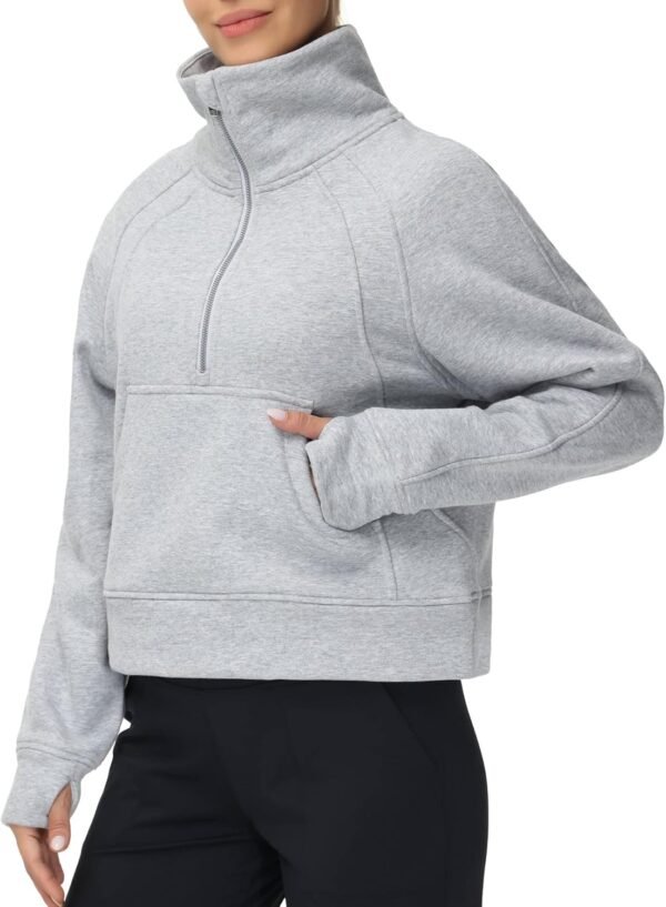 THE GYM PEOPLE Womens' Half Zip Pullover Fleece Stand Collar Crop Sweatshirt with Pockets Thumb Hole - Image 2