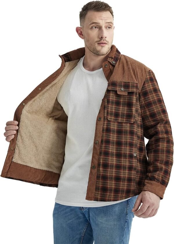 Haellun Men's Long Sleeve Sherpa Lined Shirt Jacket Flannel Plaid Fleece Coats - Image 3