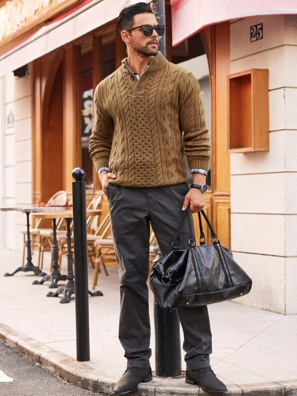 Runcati Mens Cable Knit Pullover Sweater Casual Stand Collar Chunky Buttons Fall Winter Sweaters - Image 4