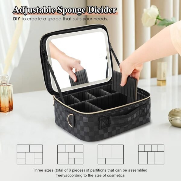 Travel Makeup Bag with LED Mirror Make up Case with Lighted Mirror 3 Color Setting Cosmetic Makeup Box Organizer Vanity Case for Women Beauty Tools Accessories Case Rechargeable (Black, Middle) - Image 4