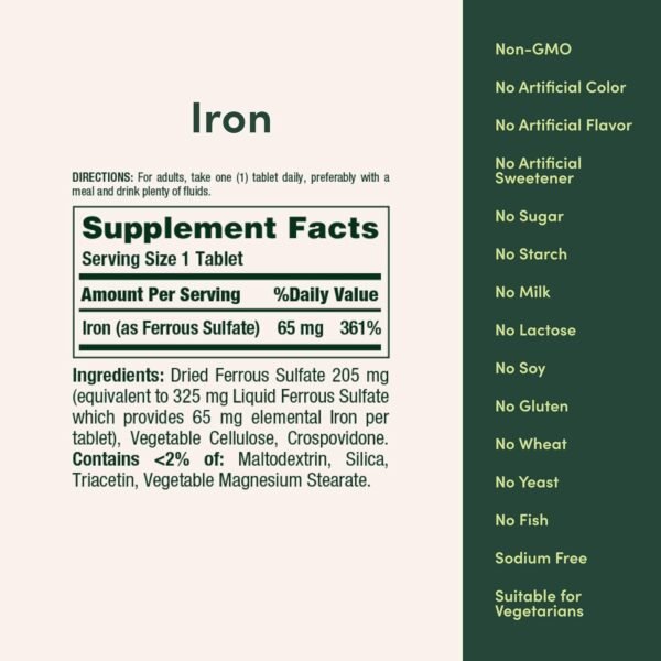 Nature's Bounty Iron 65mg, 325 mg Ferrous Sulfate, Cellular Energy Support, Promotes Normal Red Blood Cell Production, 100 Tablets - Image 5