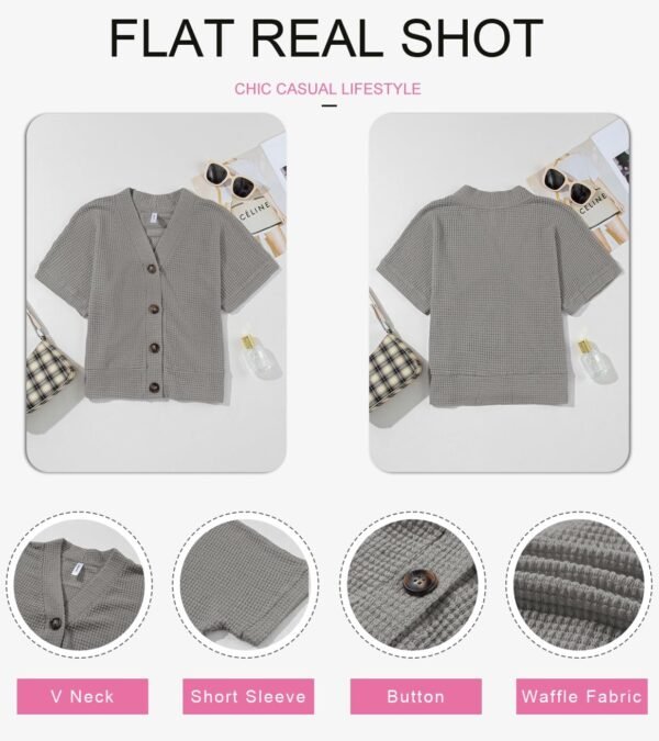 Dokotoo Womens Summer Tops 2025 Waffle Knit Button Down Shirts Casual V Neck Short Sleeve Shacket Jacket Dressy Blouses - Image 3