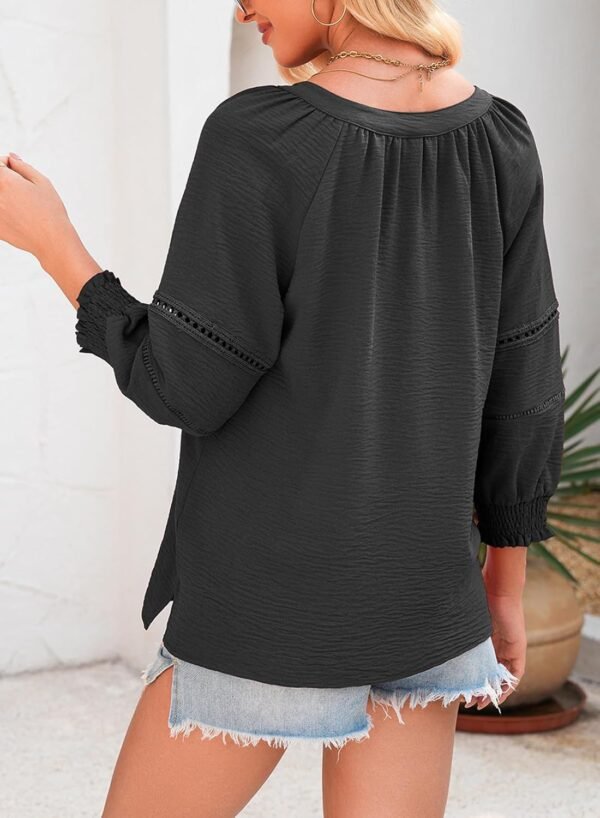 Dokotoo Womens Summer Tops 3/4 Lantern Sleeve Casual V-Neck T-Shirts Pleated Loose Tunic Hollow-Out Blouse - Image 3