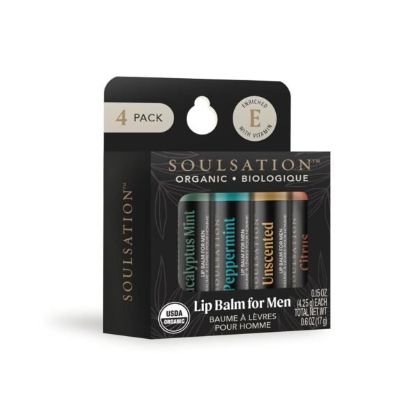 Organic Lip Balm Set, 4 Flavors - For Men, Moisturizing for Cracked & Dry Lips