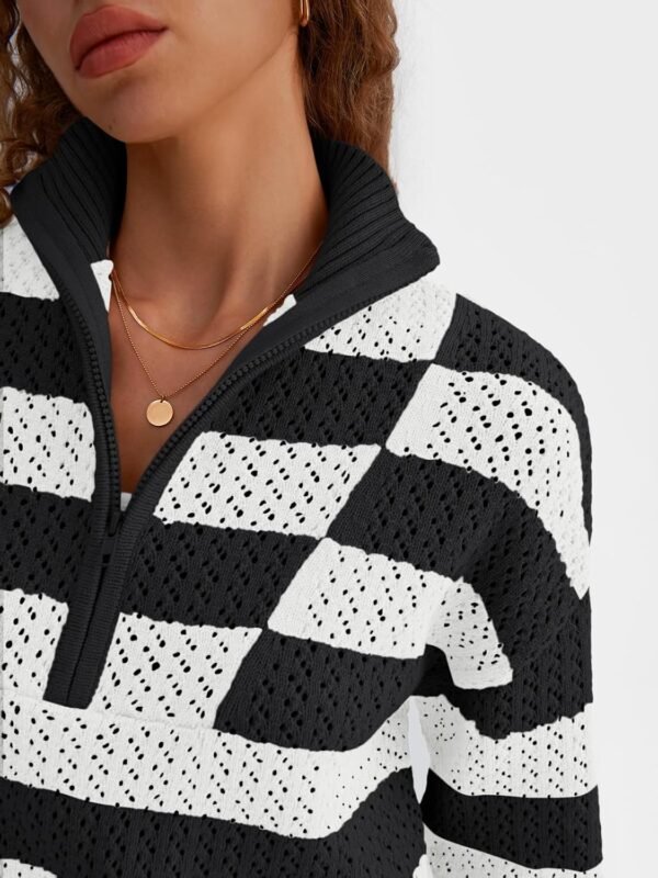 LILLUSORY Women's Quarter Zip Pullover V Neck Crochet Striped Sweater 2025 Cotton Color Block Trendy Knit Tops - Image 5