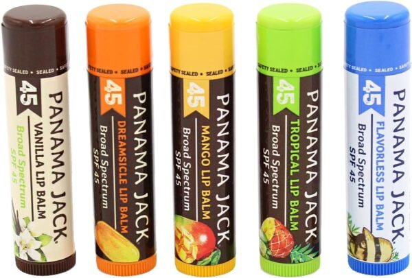 Panama Jack Sunscreen Lip Balm - SPF 45, Flavor Pack, Broad Spectrum UVA-UVB Sunscreen Protection, Prevents & Soothes Dry, Chapped Lips (5 Pack)