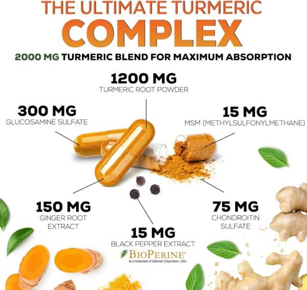 Turmeric Curcumin Supplement 2000mg with Glucosamine Chondroitin & Ginger, 95% Curcuminoids, BioPerine Black Pepper for Best Absorption, Nature's Joint Support, Non-GMO, Bottled in USA - 240 Capsules - Image 3