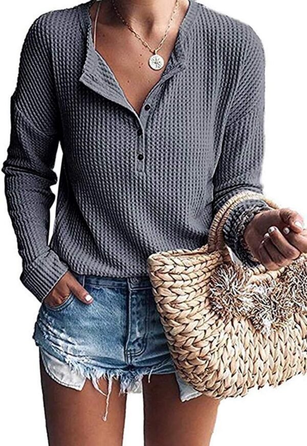 WNEEDU Women's Waffle Knit Tunic Tops Loose Long Sleeve Button Up V Neck Henley Shirts