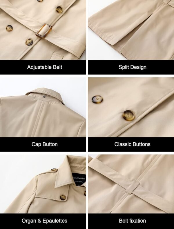 CREATMO US Women's Trench Coat Double-Breasted Classic Lapel Overcoat Belted Slim Outerwear Coat with Detachable Hood - Image 6