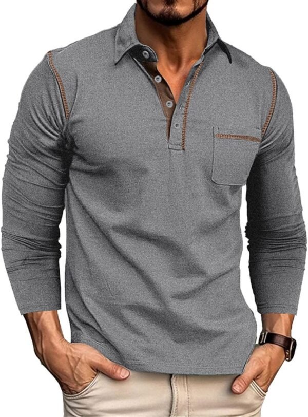 Men's Casual Polo Shirts Classic Long Sleeve Basic Button T-Shirt Lightweight Cotton Golf Tops with Pocket