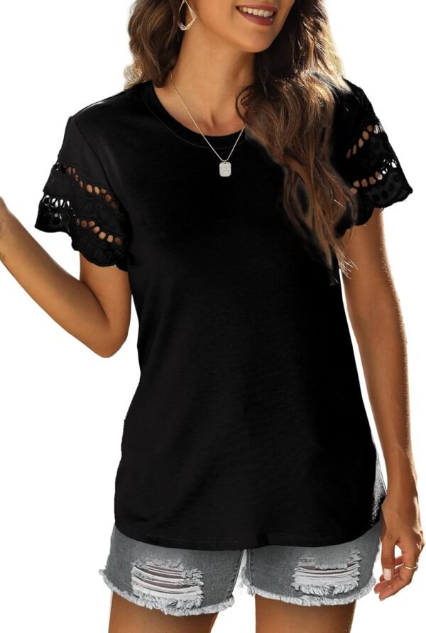 Womens Lace Short Sleeve T Shirts Summer Tops Loose Casual Tee Shirt