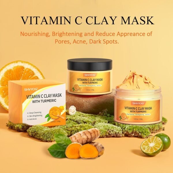 Vitamin C Face Mask with Kaolin Clay and Turmeric for Dark Spots, Dull Skin, Skincare Facial Mask for Controlling Oil and Refining Pores 5.29 Oz - Image 8