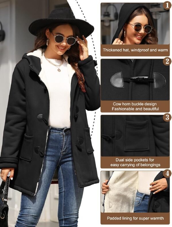 HEEKPEK Womens Sherpa Lined Coats Winter Warm Fashion Horn Button Fleece Thicken Hooded Casual Jackets Long Sleeve Outerwear - Image 3