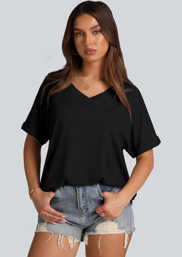 WIHOLL Womens Oversized Tshirts Summer Tops 2025 Short Sleeve V Neck Shirts Outfits Plus Size Clothes - Image 3