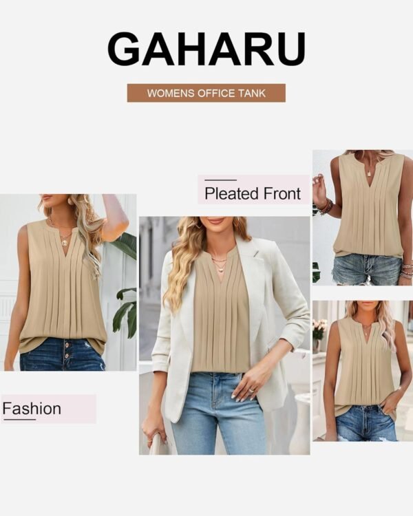 Gaharu Sleeveless Chiffon Tank Tops for Women Dressy V Neck Blouses Work Pleated Shirt - Image 5