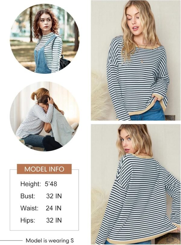 Dokotoo Long Sleeve Shirts for Women Casual Spring Crewneck Striped Color Block Shirt High Low Pullover Sweater Tops - Image 3