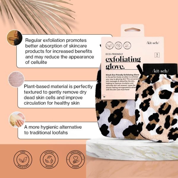 Kitsch Deep Exfoliating Glove, Eco Friendly Exfoliating Body Scrubber, Dead Skin Remover & Body Scrubber Exfoliator, Body Scrub Mitt for Skin Cell Renewal, Body Exfoliating Gloves for Shower, Leopard - Image 3