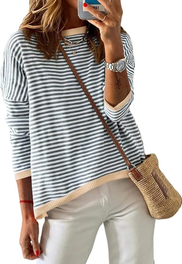 Dokotoo Long Sleeve Shirts for Women Casual Spring Crewneck Striped Color Block Shirt High Low Pullover Sweater Tops