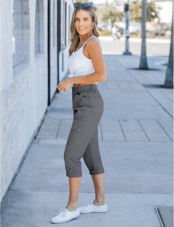 GRAPENT Cargo Capri Pants for Women High Waisted Relaxed Fit Elastic Knit Waist Casual Capris Trousers Cropped Pants - Image 7