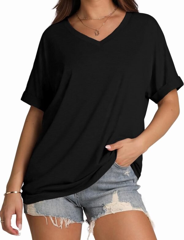 WIHOLL Womens Oversized Tshirts Summer Tops 2025 Short Sleeve V Neck Shirts Outfits Plus Size Clothes