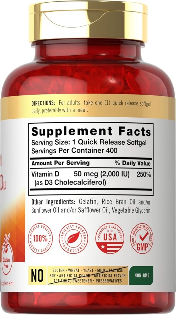 Carlyle Vitamin D3 2000IU Softgels | 400 Count | Non-GMO, Gluten Free Formula | 50 mcg | Vitamin D Supplement - Image 2