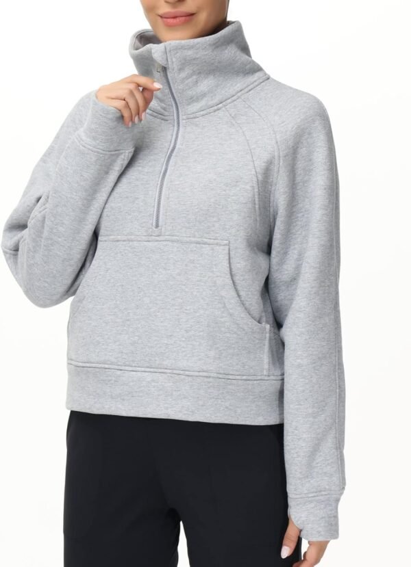 THE GYM PEOPLE Womens' Half Zip Pullover Fleece Stand Collar Crop Sweatshirt with Pockets Thumb Hole - Image 3