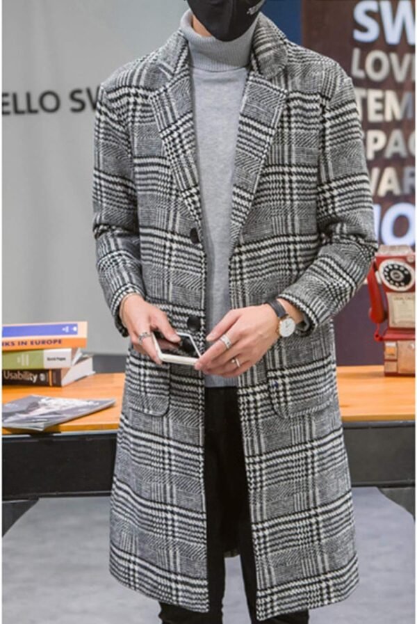 UANEO Mens Winter Trench Coat Notched Collar Single Breasted Plaid Mid Long Peacoat Overcoats with Pockets - Image 6