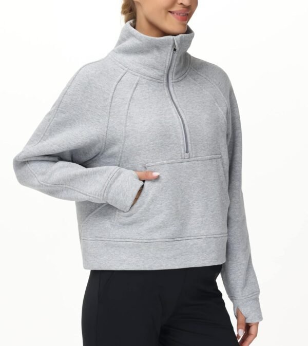 THE GYM PEOPLE Womens' Half Zip Pullover Fleece Stand Collar Crop Sweatshirt with Pockets Thumb Hole - Image 7